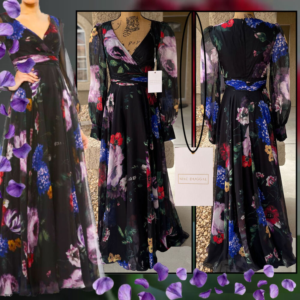 Mac Duggal Black Floral Print Chiffon Long Sleeve Maxi Dress Size 2 NWT
